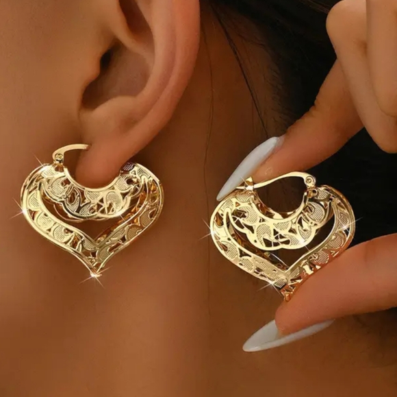 Bisaer Jewelry - Gold Heart Filigree Hoop Earrings - Elegant Women's Jewelry